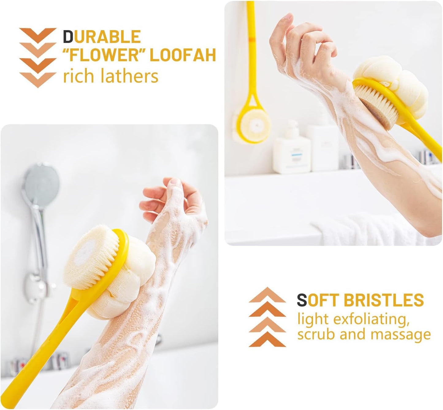 Skiennix Shower Body Brush - Soft Bristles & Pumpkin Loofah | 14” Long Handle Exfoliating Back Scrubber for Men & Women (Grey)