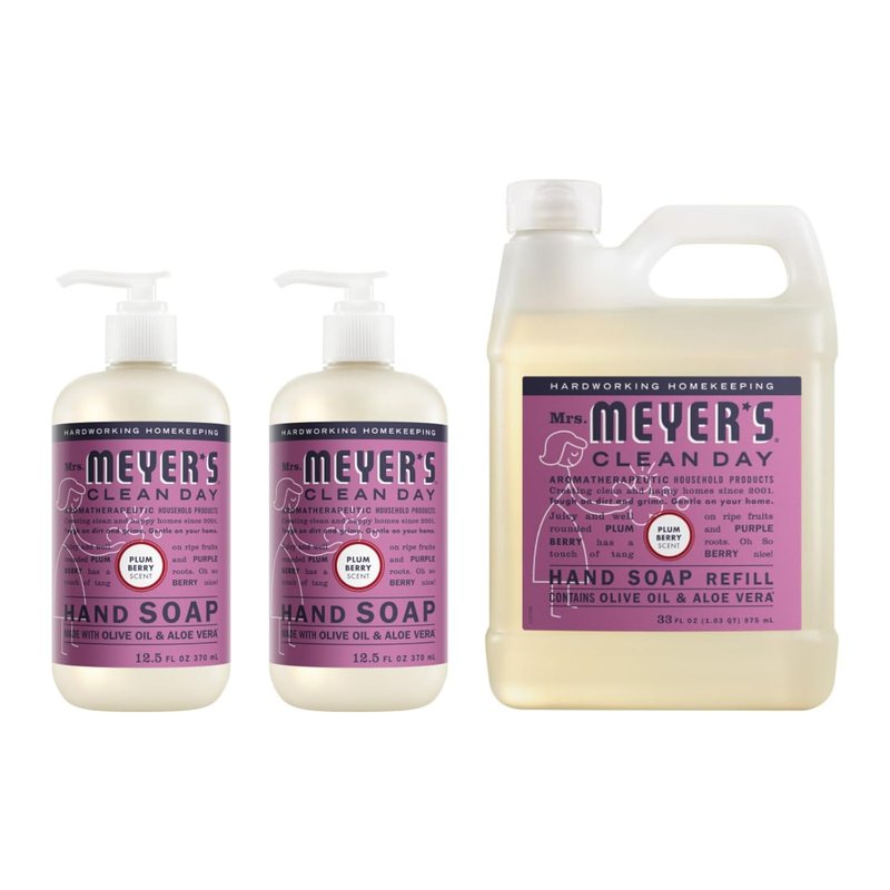 Mrs. Meyer's Clean Day Liquid Hand Soap - Plumberry Scent Variety Pack | 12.5 Fl Oz x 2 + 33 Fl Oz Refill