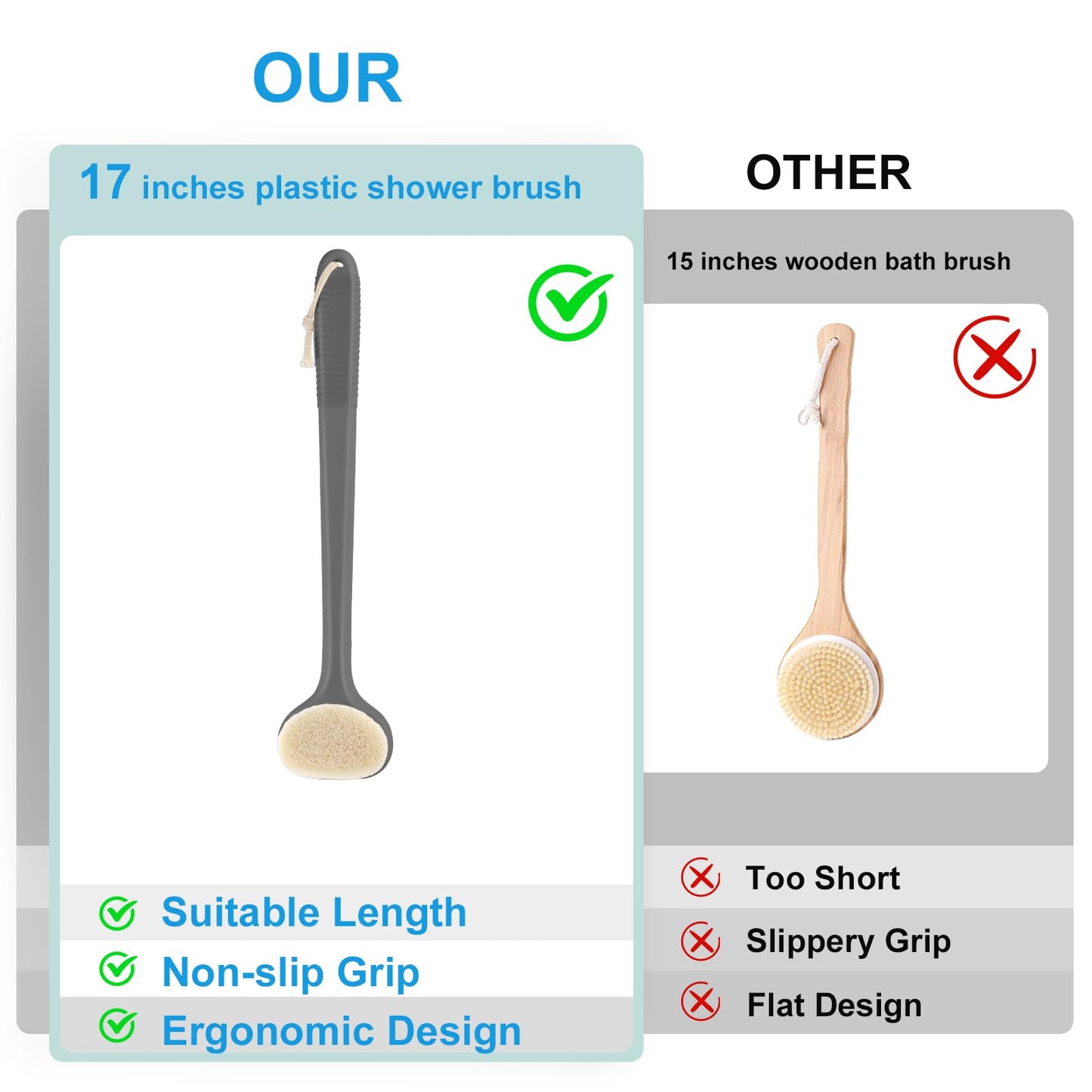 VANZAVANZU Back Scrubber for Shower, Bath Brush with 17-Inch Long Anti-Slip Handle, Wet and Dry Brushing Body Brush for Body Cleansing, Back Brush for Men and Women (Grey)