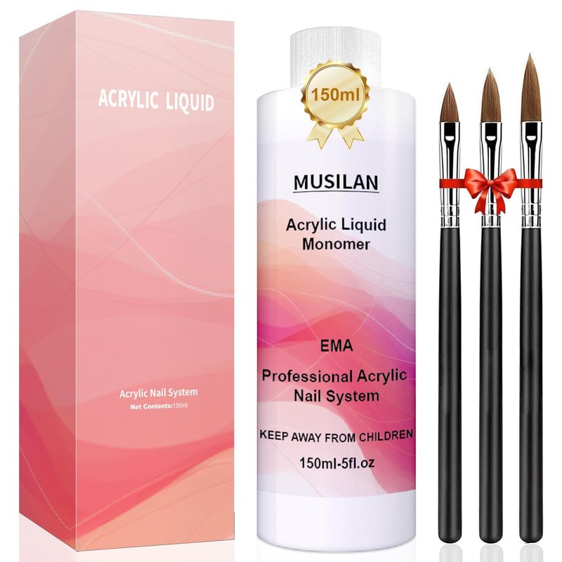 MUSILAN Monomer Acrylic Nail Liquid 150ML - Non-Yellowing Acrylic Monomer with 3 Brushes (Size 8/10/14)