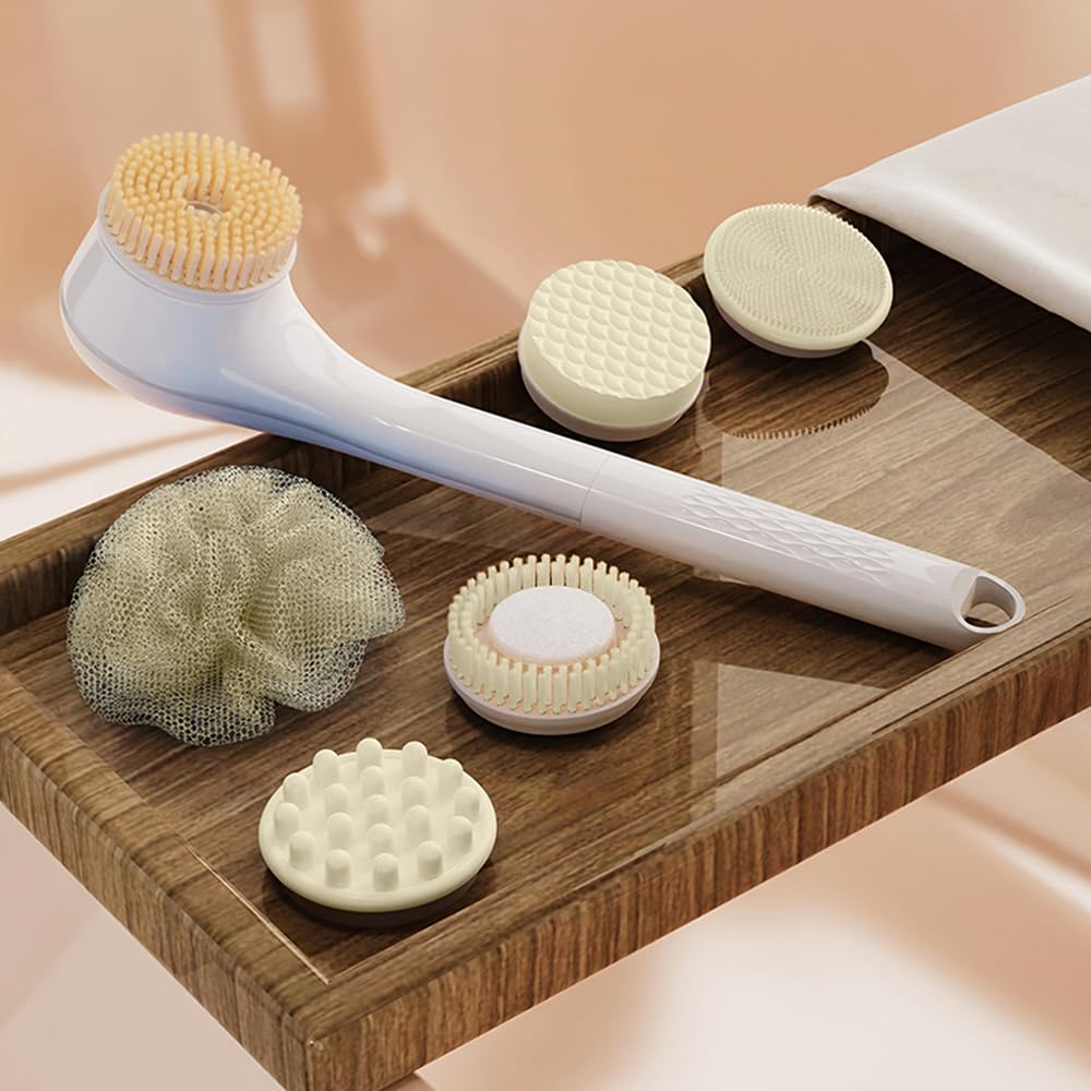 HomeBeyond Electric Body Brush Back Scrubber for Shower, Waterproof Rechargeable Bath Brush with 6 Heads, 3 Rotation Directions for Cleansing, Exfoliating & Massaging Skin