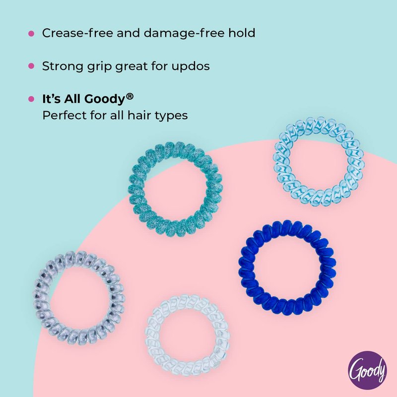 Goody Dentless Spiral Hair Ties, Cool Tones Phone Cord Coils - 5 Ct, Secure Hold Jelly Bands for Medium-Thick Hair for Women & Men