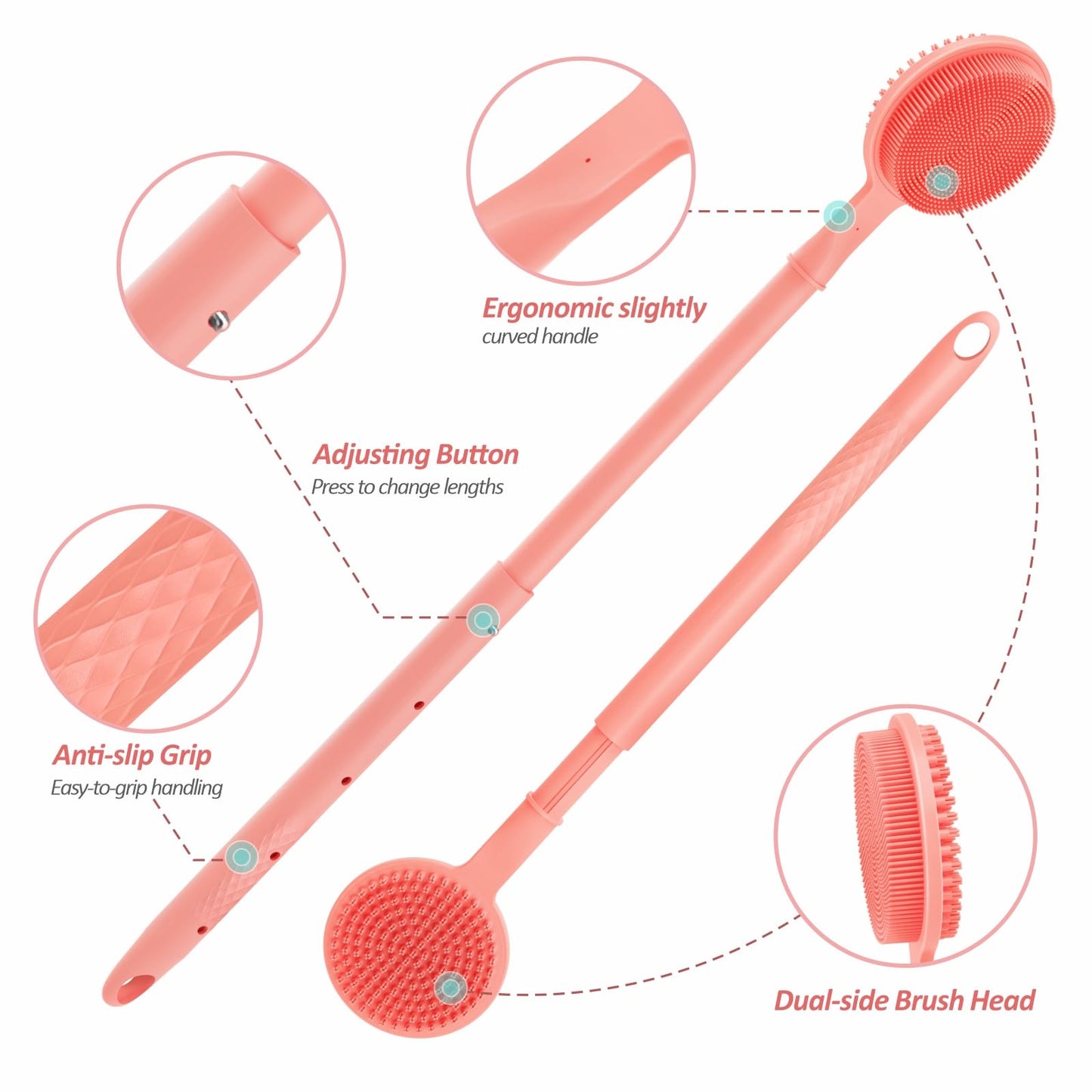 GEENOA Adjustable Silicone Back & Face Scrubber Set, 16''-24'' Extendable Shower Back Scrubber with Dual-Side Head and Lathering Bristles, Manual Face Scrubber with Soft Bristle Non-Slip Handle(Pink)