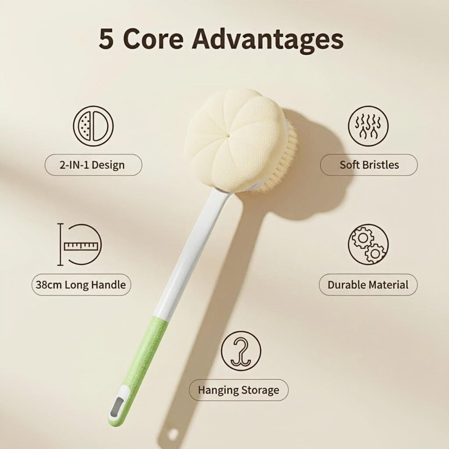 Dual-Sided Exfoliating Shower Brush, Soft Bristles & Loofah for Back Cleaning, Long Handle Back Scrubber for Deep Cleansing, Moisturizing Bath Sponge for Men Women