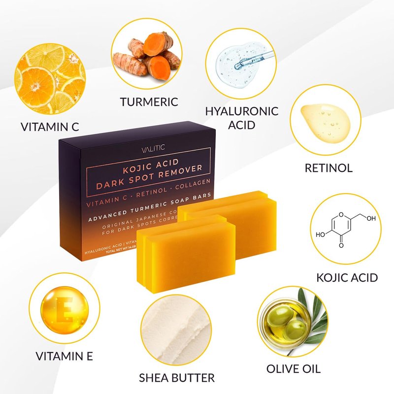 Kojic Acid Dark Spot Remover Soap Bar - Vitamin C, Retinol & Collagen | 4 Pack with Holder