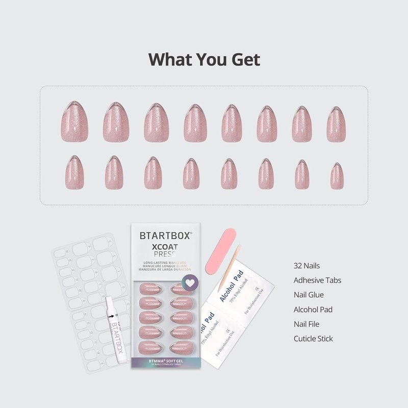 Press On Nails Almond - Blush Icicle | Lamp-Curable Cat Eye 3D Silver French Tip Short Nails with Glue & Adhesive Tabs - 16 Sizes Included