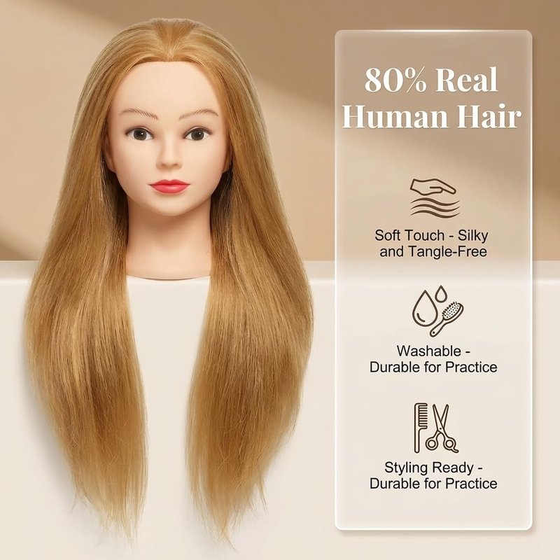 80% Real Hair Mannequin Head for Kids Braiding, Practice Training Doll Head for Hairstyle Styling Braiding Cosmetology (golden-26-28)