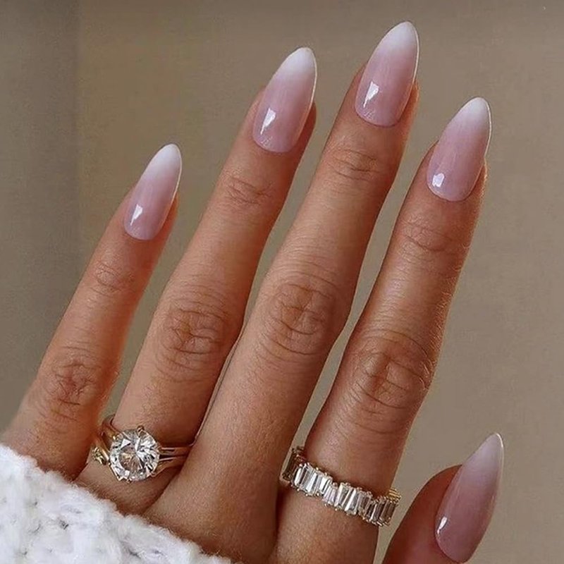 Nude Pink Press On Nails Short Almond White French-Style Gradient Stick On Nails Glossy Reusable Nail 24Pcs Fake Nails Kit Artificial Full Cover Stick on Nail for Women Girls Manicure