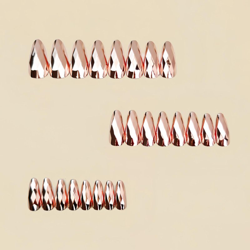 RUOKEXIN Almond Press on Nails Medium Length Fake Nails Rose Gold Chrome False Nails with 3D Rhombus Designs Full Cover Nail Press ons Sparkly Artificial Nails for Women 24Pcs