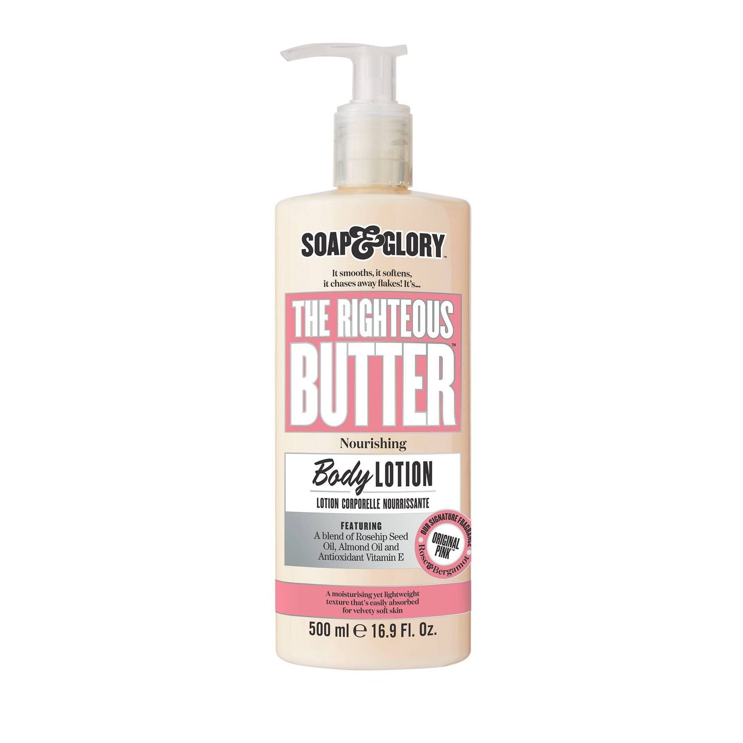 Soap & Glory Original Pink Moisturizing Body Lotion Pump - Lightweight Body Moisturizer for Dry Skin - With Shea Butter, Vitamin E & Aloe Vera for Soft, Hydrated Skin - Rose & Bergamot (16.9 fl oz)