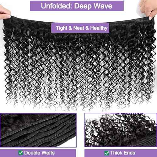 12A Human Hair Bundles 18 20 22 Inch Deep Wave Bundles Human Hair 100% Unprocessed Brazilian Virgin Deep Curly Weave 3 Bundles Hair Extensions for Women Natural Color