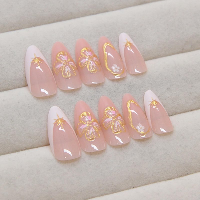 24Pcs Handmade Flower Press on Nails Long Almond Fake Nails White French Tips Glue on Nails Floral with Gold Edge Design Star False Nail Full Cover Spring Summer Stick on Nail for Women