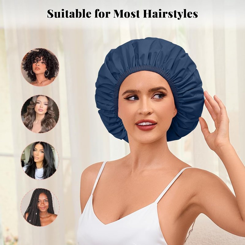 3 Pack Shower Cap for Women Reusable Waterproof, Bath Cap for Long Hair, Comfortable Shower Hat for Home and Travel