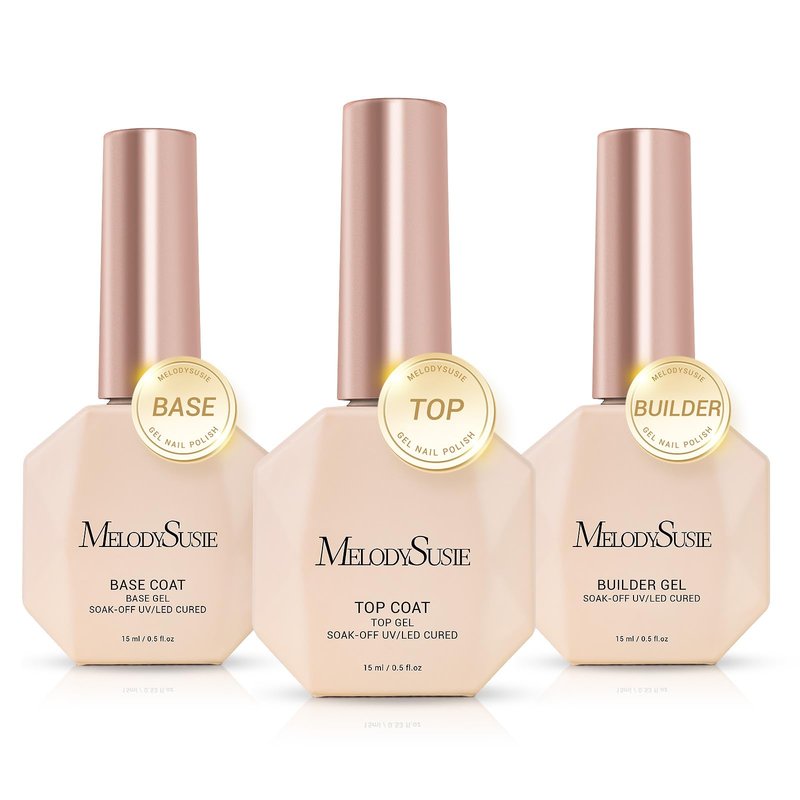 MelodySusie No Wipe Glossy Top Coat Base Coat Builder Gel 027 Set Long Lasting Shine Finish Soak Off UV LED Nail Lamp Nail Art Design Manicure Kit Perfect Gifts for Women Girls 3 Pcs 15ml