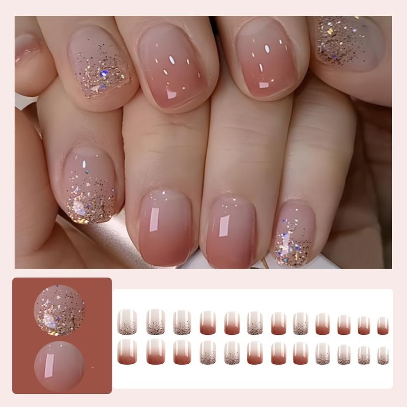 24 Pcs Ombre Press on Nails Short Square - MINGCHUN Spring Fake Nails Press ons Nail Art Tip Sequins Glitter French Design Full Cover Acrylic Nail Kit False Nails Glue on Nails Stick on Nails Women
