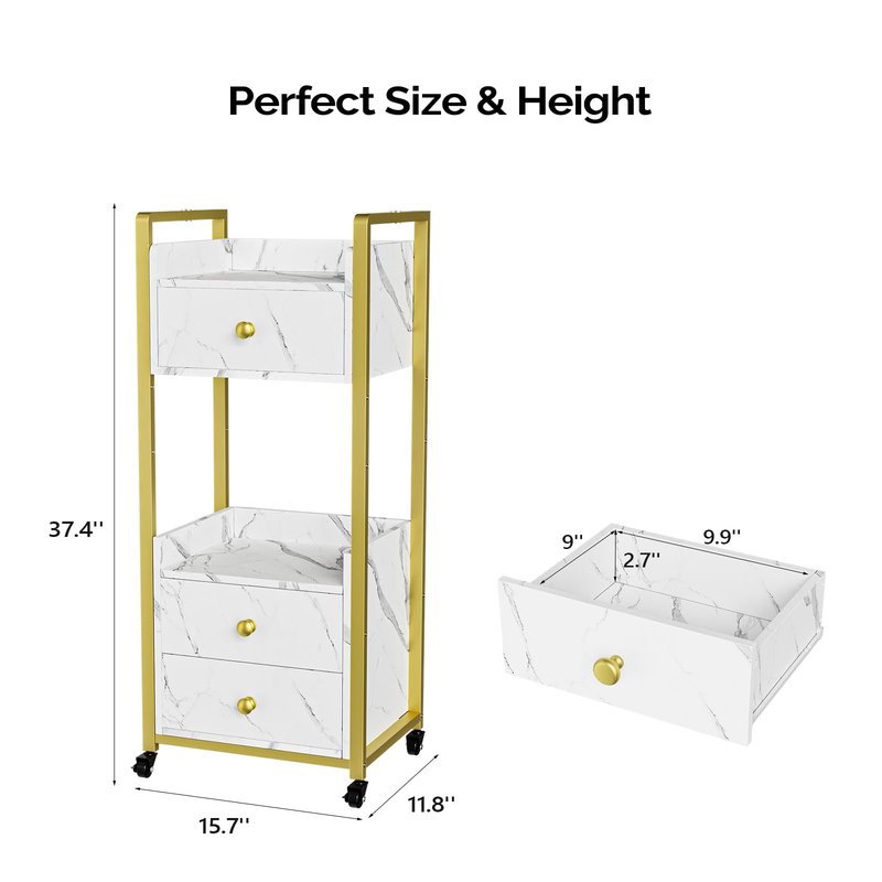 OmySalon Salon Trolley Cart with Wheels, Esthetician Cart with 3 Drawers & 2 Trays, Mobile Storage Organizer for Beauty Spa Massage Tattoo Esthetic Facial Tool Holder Station, White Marble