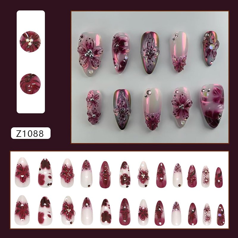 24Pcs Flower Press on Nails Medium Almond Fake Nails 3D Floral with Rhinestones Press Ons Glue on Nails Purple Full Cover Full Cover French Tip False Nails Stick on Nails for Women Spring Acrylic