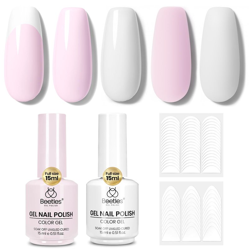 Beetles French Tip Gel Polish Set - Spring White Pink Gel Nail Polish Set 15ML Full Size Soak Off UV LED with 2 Styles Classic French Nail Art Sticker Sheets Manicure DIY Home Salon Gifts for Women