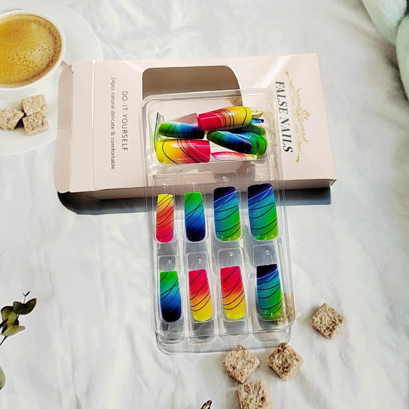 Colorful Gradient Press on Nails Medium Coffin Shaped Fake Nails with Rainbow Color Designs Square Press on False Nails Glossy Acrylic Nails Spring Summer Stick on Nail Art for Women Girls 24Pcs