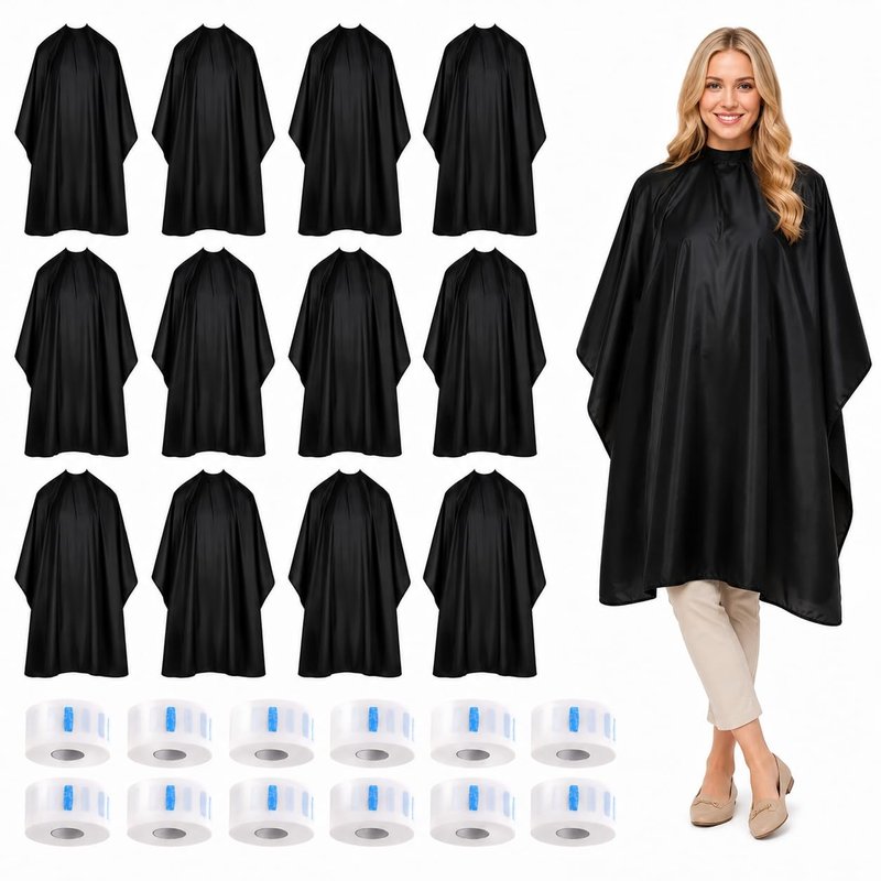 12 Sets Barber Cape and Neck Strips, 12 Pcs Nylon Hair Cutting Capes with Adjustable Snap Closure, 12 Rolls Disposable Barber Neck Strips, Bulk Salon Supplies