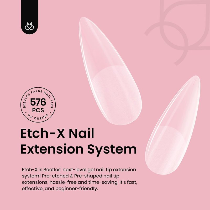 Beetles Gel Nail Tips - Stiletto Medium Pre-Etched Half Matte Full Cover | 576 Pcs in 12 Sizes for Easy DIY Press-On Extensions