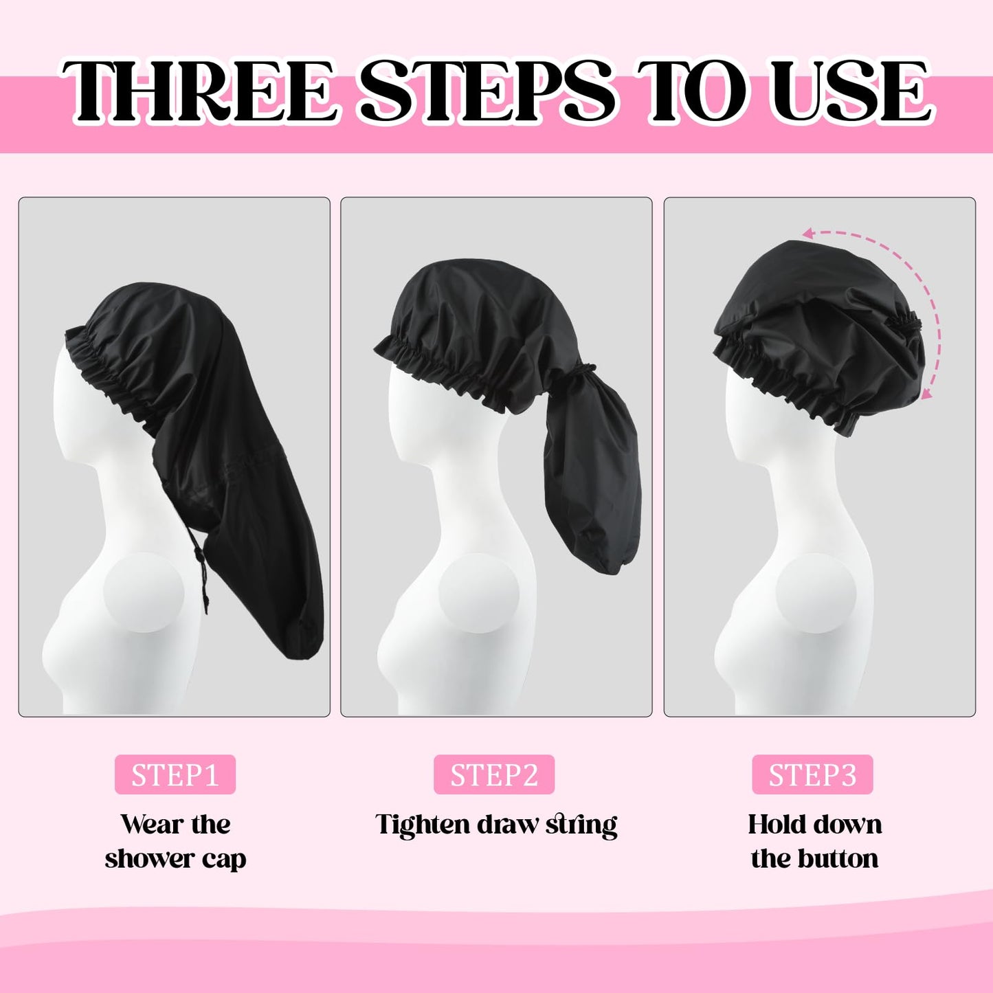 2 Pcs Large Shower Cap for Braids, Extra Long Shower Cap for Women Long Hair & Locs, Waterproof Hair Bonnets for Dreadlocks Drawstring Bath Caps for Women & Men (Polka Dots, Black)