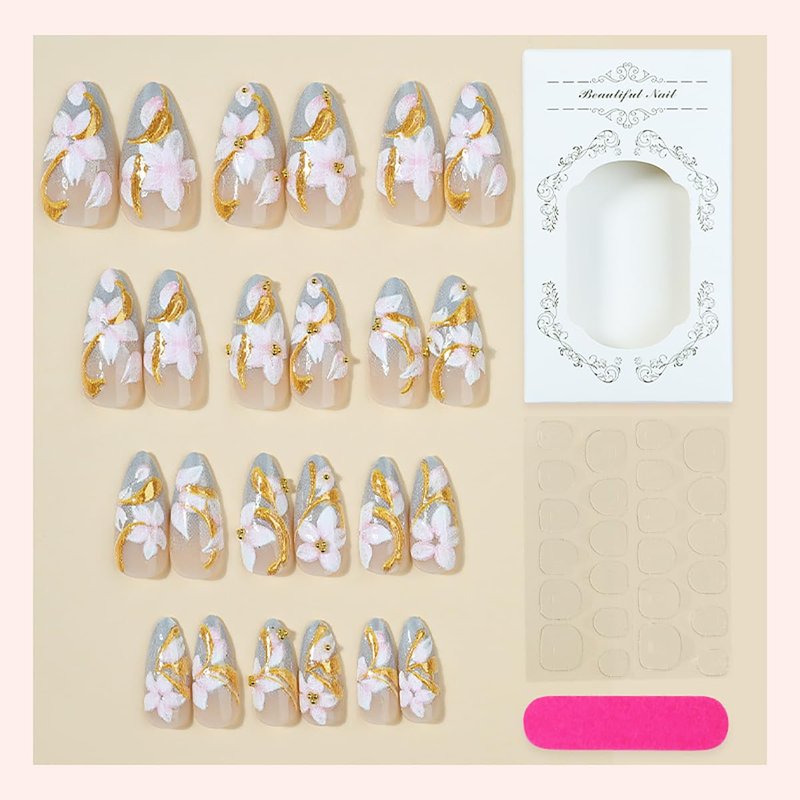 Flower Press On Nails - 24 Pcs Medium Almond 3D Floral Design with Gold Lines | Full Cover French Tip