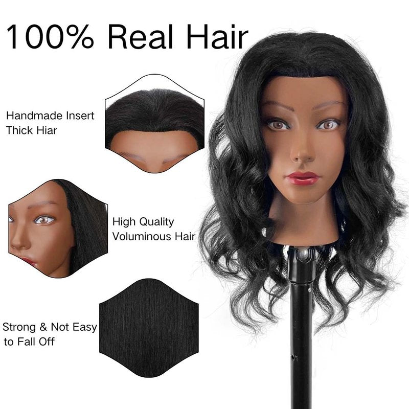 MQHIHI Mannequin Head Human Hair with Tripod Stand, 100% Real Hair Cosmetology Manikin Doll Head for Hairdresser Practice Braiding with Tripod Set and Tools (18 Inch)