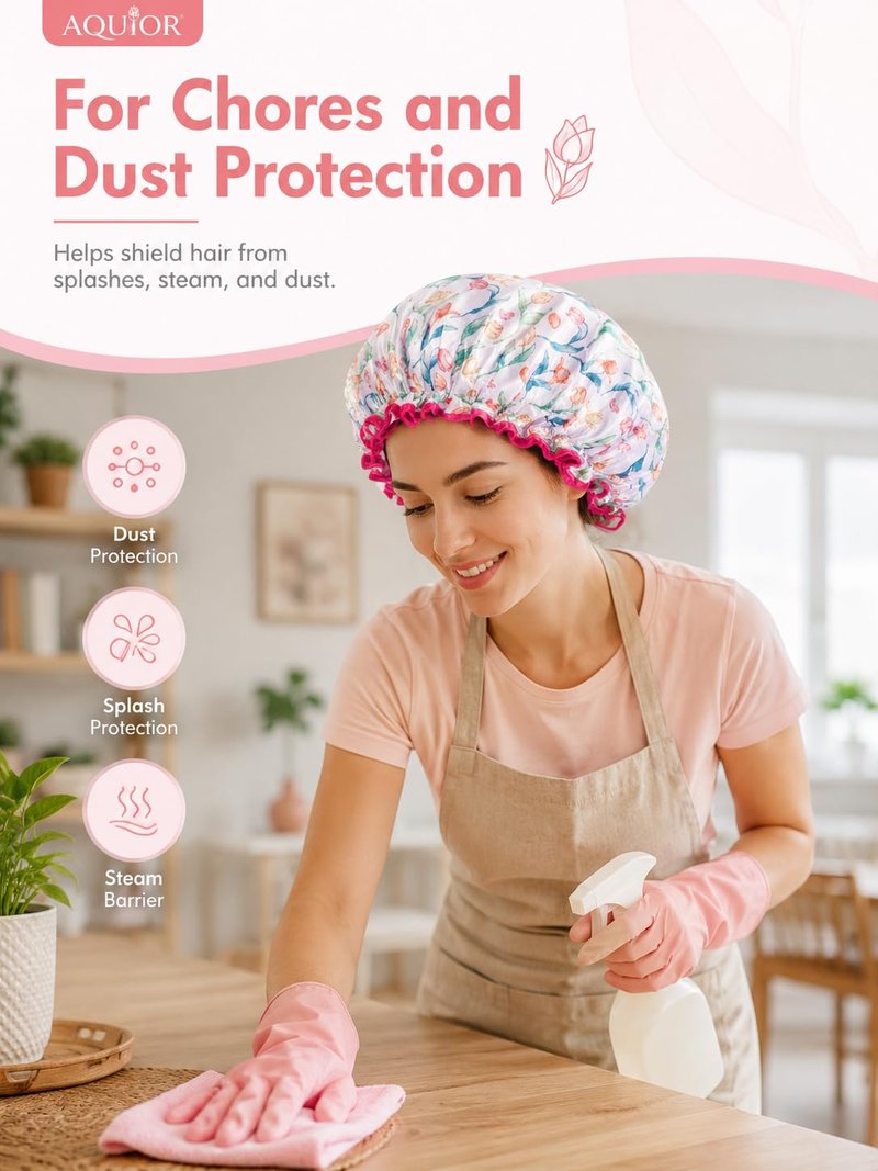 Aquior Shower Cap for Women, Waterproof Reusable Hair Cap with Soft Elastic, Large Size for Long Hair, Cute Bath Cap for Shower, Skincare, Cooking, Spa and Travel Use