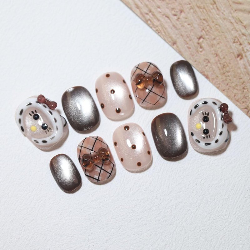 Skiennix 10 Short Oval Handmade Press-On Nails - 3D Floral Cat Eye Polka Dot & Sweet Bow | Easy to Apply & Reusable (XS)