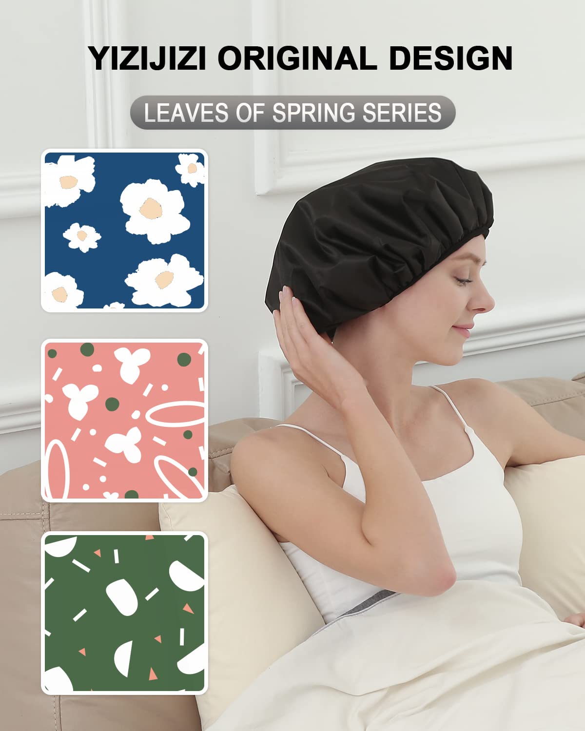 YIZIJIZI Terry Lined Shower Cap, Triple Layer Large Cap for Women, Reusable Waterproof for Long Thick Hair, Black