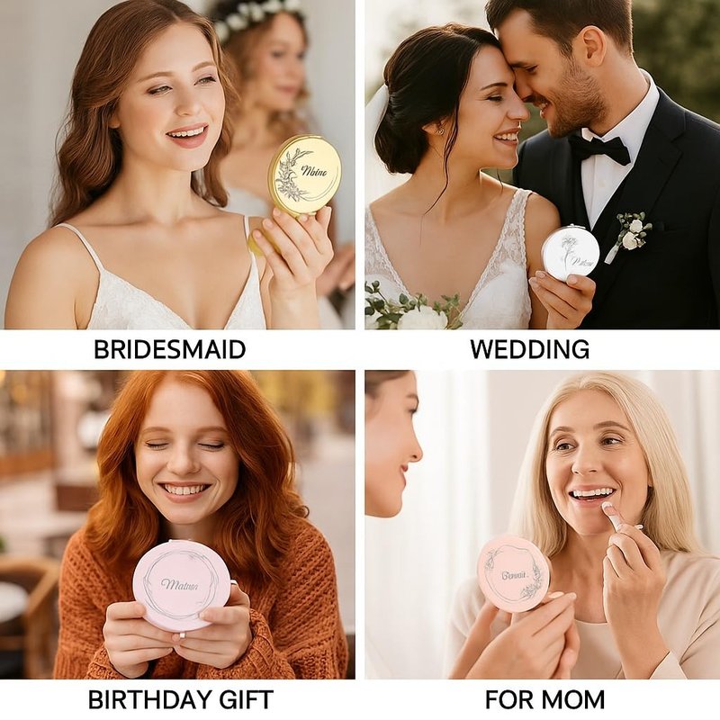 Personalized Compact Mirror for Women, Custom Laser Engraved Pocket Mirror, 1X/2X Magnifying Travel Makeup Mirror for Purse–Gift for Bridesmaid, Wedding, Birthday, Mom, Friend, Sister, Wife, Valentine