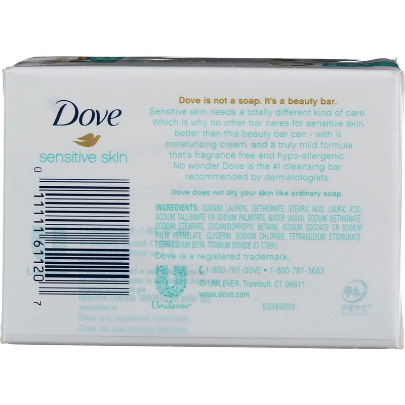 Dove Sensitive Skin Beauty Bar - Unscented Hypo-Allergenic Formula | 4 oz, Pack of 6 Bars
