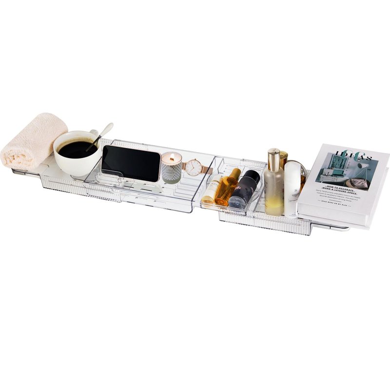 ASSTYSXH Expandable Bathtub Tray for Tub, Clear Acrylic Bath Caddy with Anti-Slip Design, Waterproof Bathroom Storage, Bath Organizer for Women, Fits Most Tubs up to 31.7" Ideal for Women and Adults