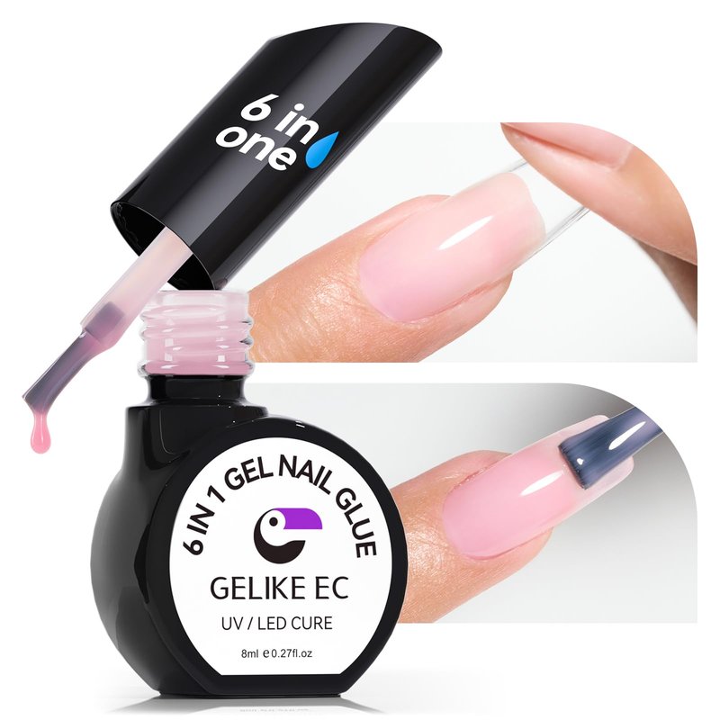 Gelike EC Nail Glue Gel 6 in 1 for Press-On Nails and Nail Tips Long Lasting Extension Strong Hold Brush-On UV Adhesive for Acrylic Tips Quick Dry Low-Odor No Pop-Off DIY at Home & Salon Art Use