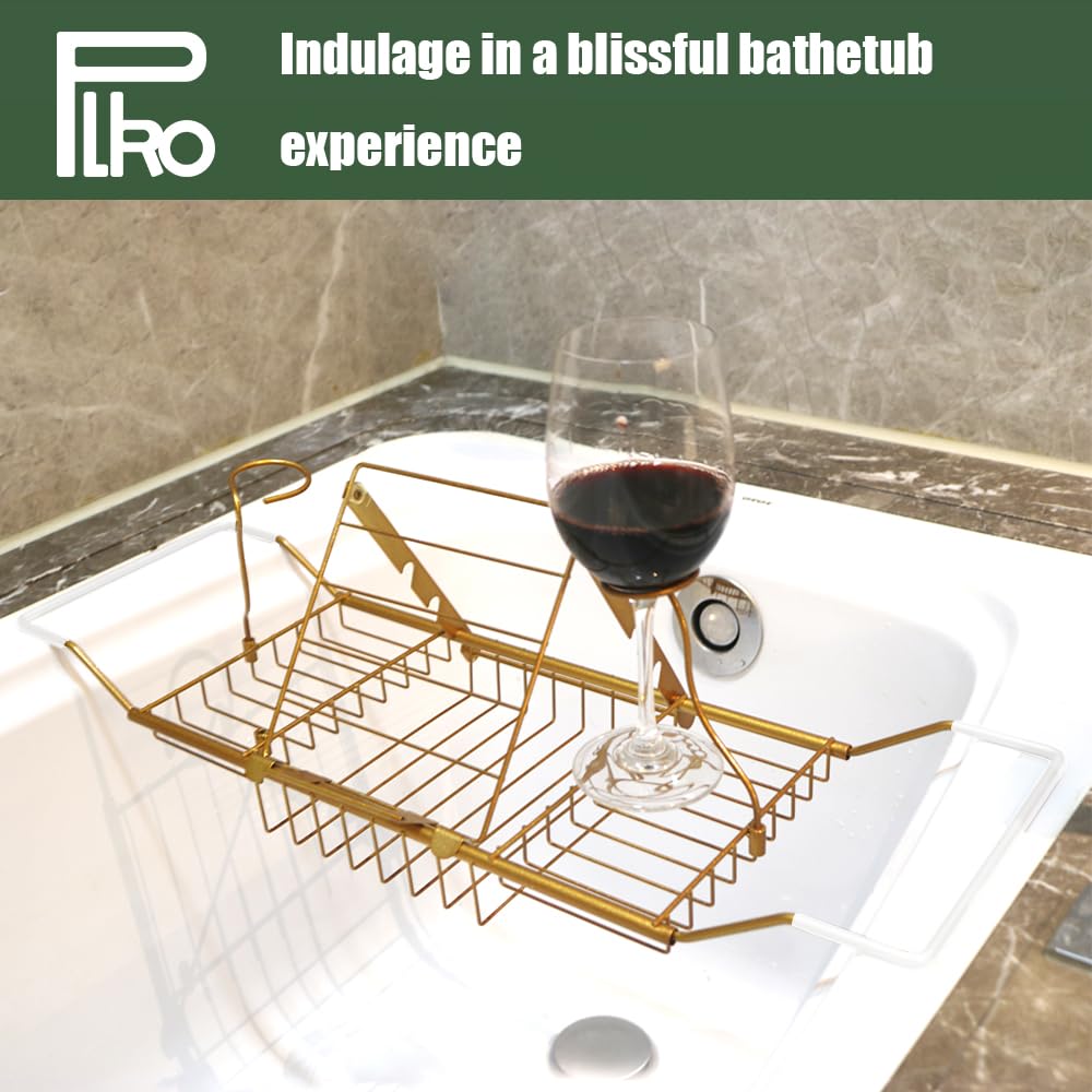 PLKO Bathtub Tray,Stainless Steel Shower Bathtub Caddy Tray with Removable Book Holder Red Wine Rack Holder, for Home Kitchen Bathroom,Gold
