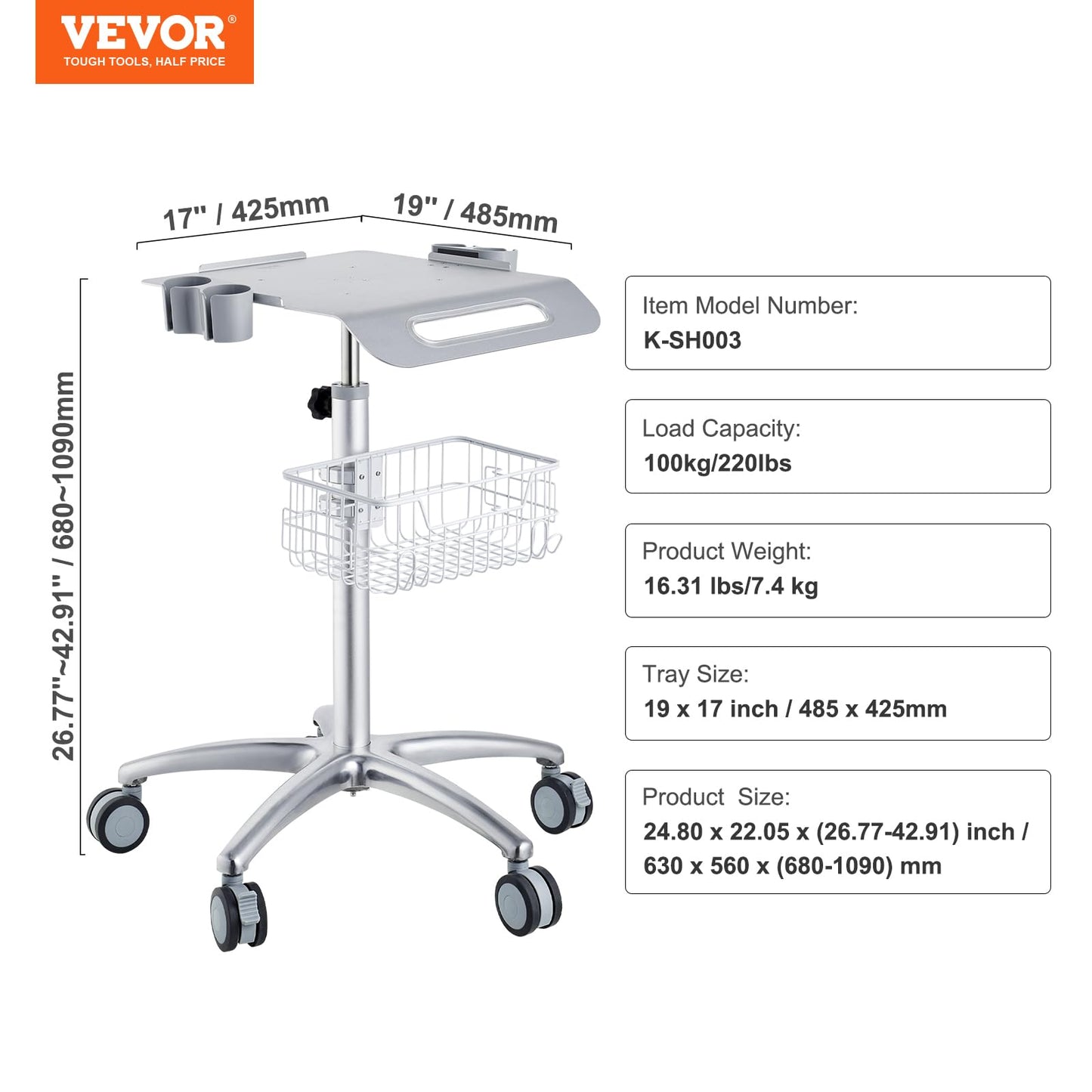 VEVOR Medical Trolley with Wheels - Height Adjustable Gas Lift, Stainless Steel Rolling Laptop Cart with Storage Basket, 19"×17" Large Tabletop,Mobile Metal Scanner Cart for Ultrasound/Dental/EKG/Lab