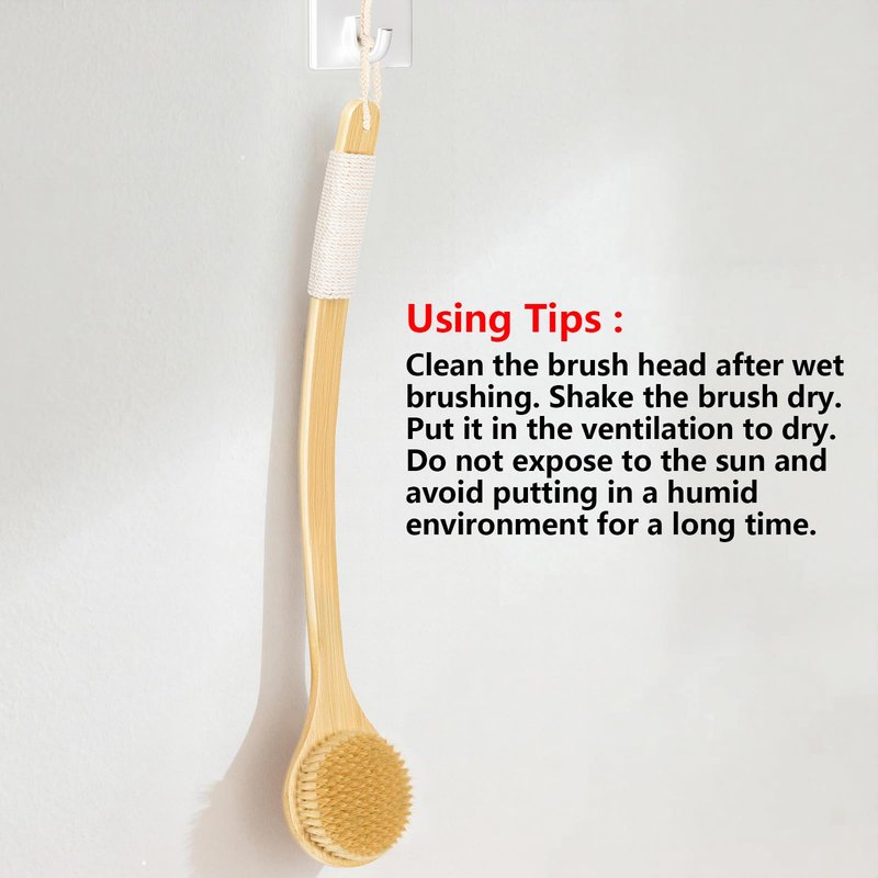 Back Scrubber Brush for Shower, 22" Curved Long Bamboo Handle Shower Brush, Antiskid Body Bath Brushes for Back Dry/Wet Brushing, Moderately Soft Natural Bristle Body Brush for Showering (Beige)