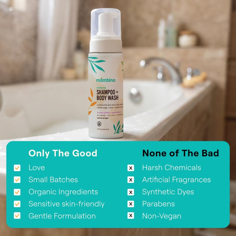 Mambino Organics Soothe Me Shampoo & Body Wash for Kids, Essential Baby Bath, Gentle Newborn Essentials, Lavender & Green Tea 5.5floz