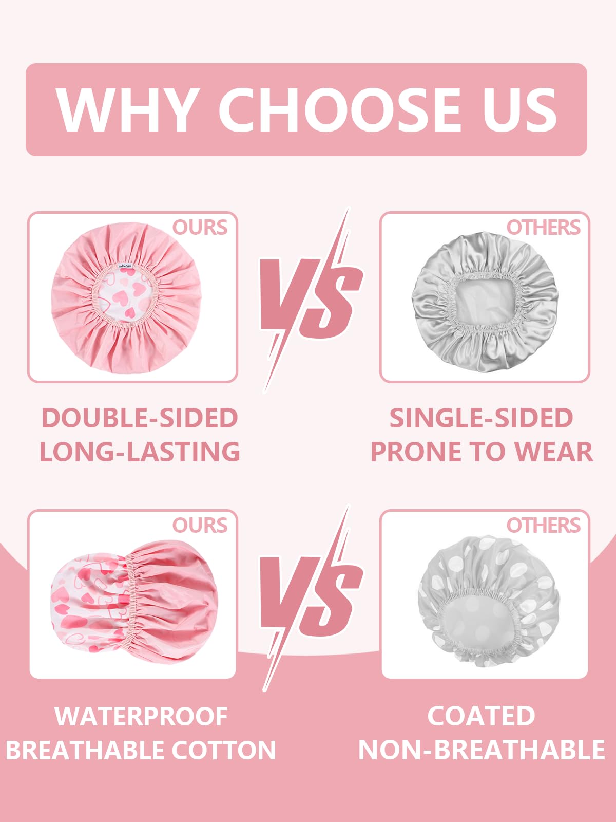 Years calm Shower Caps for Women Reusable Waterproof, Double Layer Waterproof Fabric - Both Sides Usable, Reversible Pattern & Solid Color Design, Soft Elastic Keeps Hair Dry for shower Spa Travel