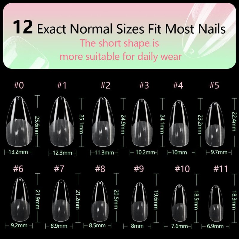 Skiennix Medium Almond Gel Nail Tips - 600 Pcs Half Matted Clear Fake Nails | 12 Sizes Full Cover