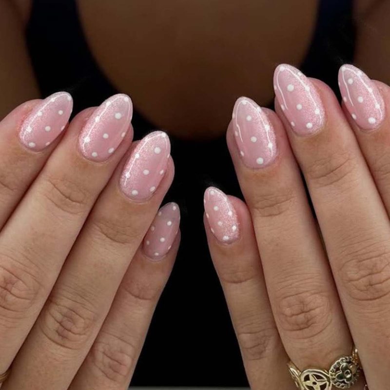 Polka Dot Press | Short Almond Press-On Nails in Soft Pink with White Dots | Glossy Finish | 24 Pcs