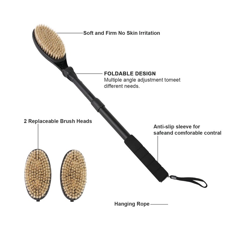 EASACE 3.0 Back Scrubber Brush for Shower, Soft and Stiff Bristles, Adjustable Head, Long Handle, Replacement Brush Head