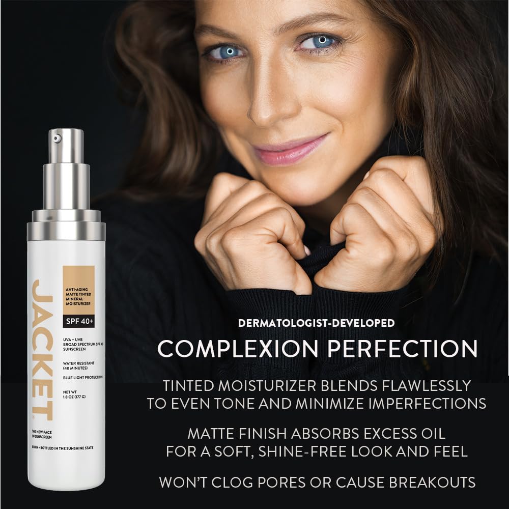 SPF 40+ Anti-Aging Tinted Mineral Moisturizer for Face, Broad Spectrum Sunscreen with Matte Finish, Lightweight Water-Resistant Daily UV Protection, Blue Light Defense, Hydrating Skin-Perfecting Tint