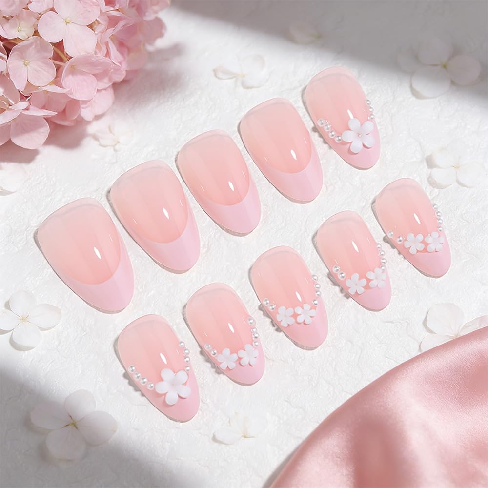 XZMeiLun Summer Pink French Tip Press On Nails, Short Almond Shape with 3D Pearl & White Flower Design, Reusable Salon-Quality Acrylic Fake Nails, Stick-On Nails for Women & Girls (No Glue Included)