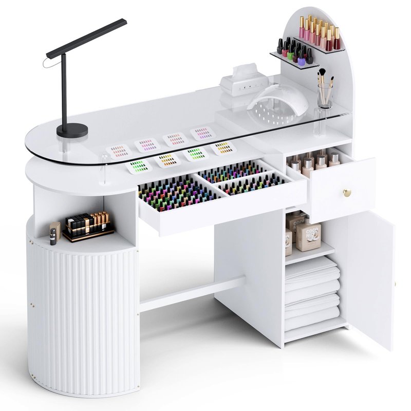 HolaiNail Manicure Table Nail Station with Tempered Glass Top, Professional Nail Tech Desk with Storage Cabinet & Drawer, Acetone Resistant, for Nail Beauty Salon Workstation(White)