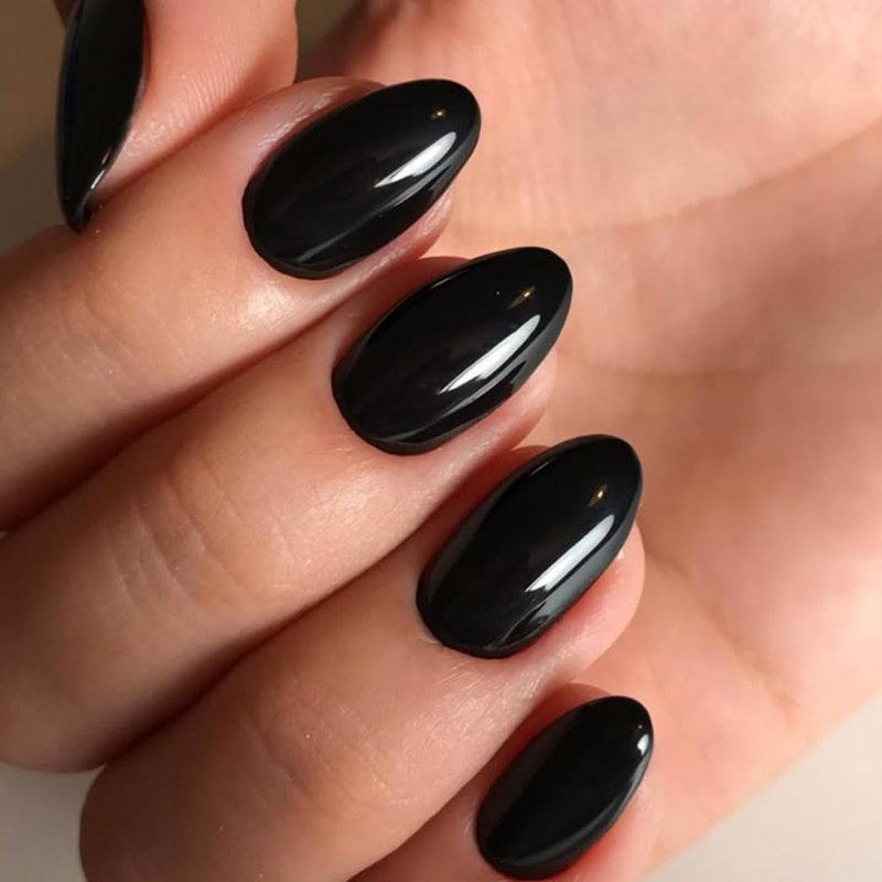 modelones Black Short Press on Nails, Oval Fake Nails Kit Press Ons with Nail Glue, Adhesive Tabs, Nail File, Prep Pad, Manicure Stick, 32Pcs 16 Sizes, Women Girl Gift