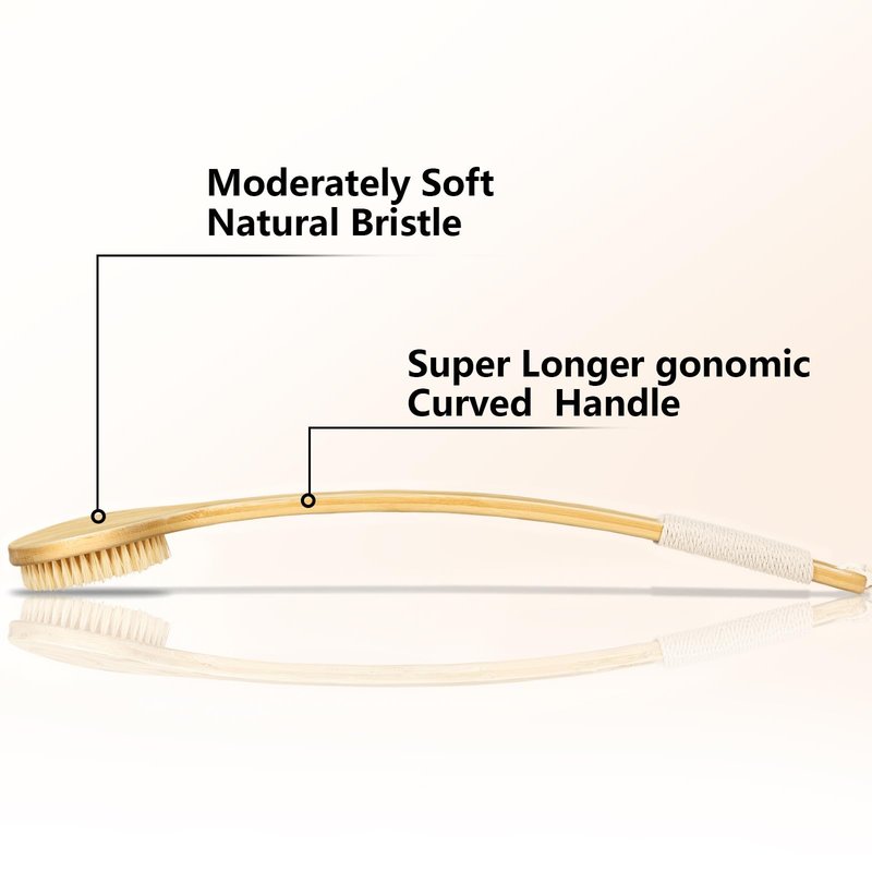 Back Scrubber Brush for Shower, 22" Curved Long Bamboo Handle Shower Brush, Antiskid Body Bath Brushes for Back Dry/Wet Brushing, Moderately Soft Natural Bristle Body Brush for Showering (Beige)