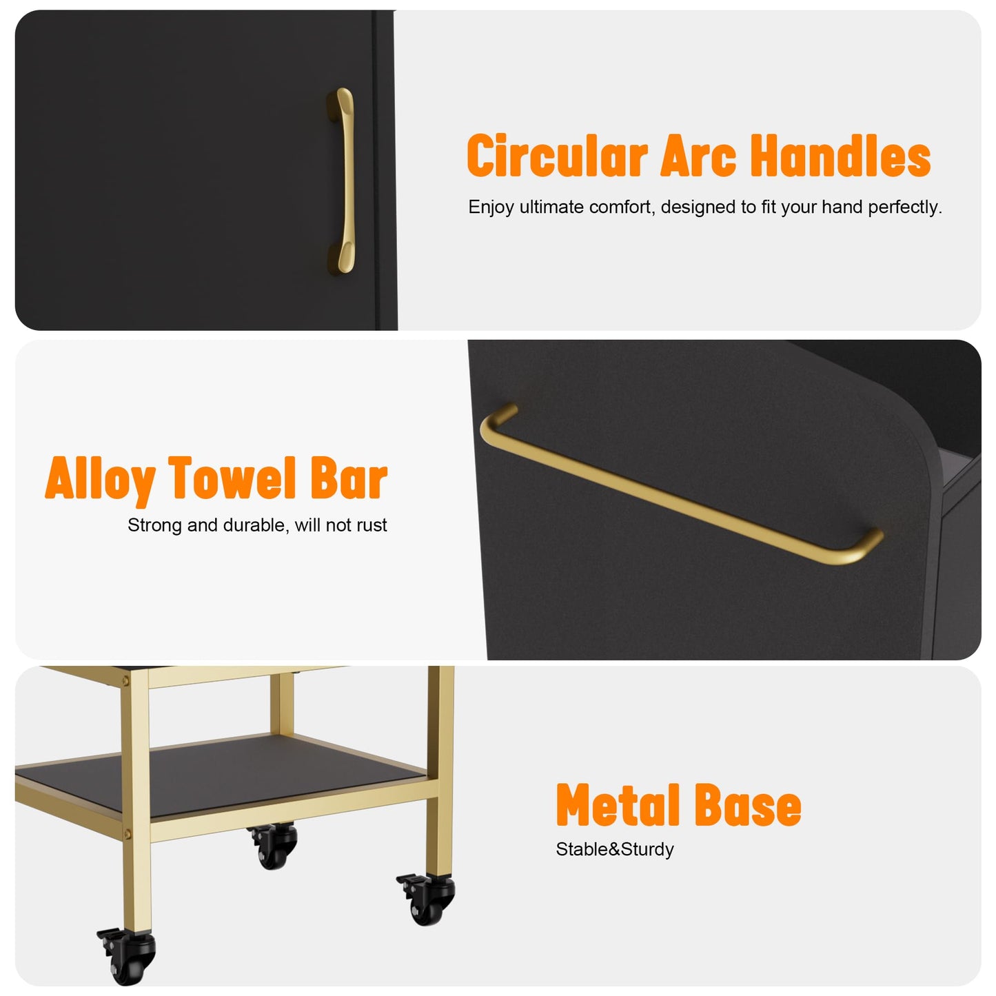 TOVRON Salon Trolley Cart, Glass Top Salon Stations for Hair Stylist Beauty Storage Cabinet Black Rolling Hair Stations with Lockable Wheels, Drawer, Cabinet