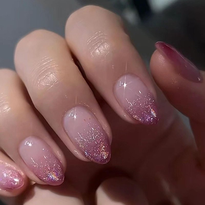 Hkanlre Medium Gradient Press on Nails Purple Fake Nails Tips French Full Cover Almond False Nails for Women 24PCS